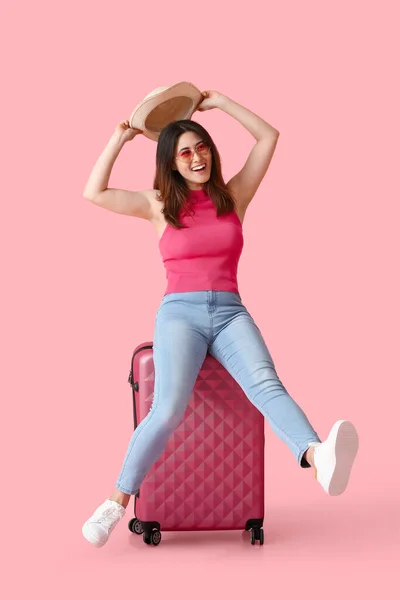 Young Woman Suitcase Color Background — Stock Photo, Image