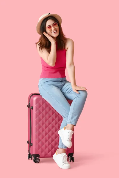 Young Woman Suitcase Color Background — Stock Photo, Image