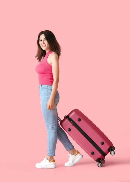 Young Woman Suitcase Color Background — Stock Photo, Image