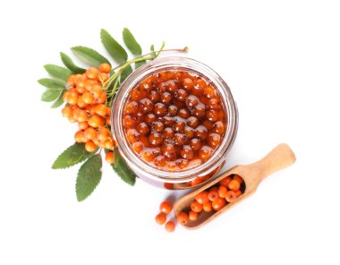 Beyaz arka planda izole edilmiş lezzetli rowan reçeli kavanozu