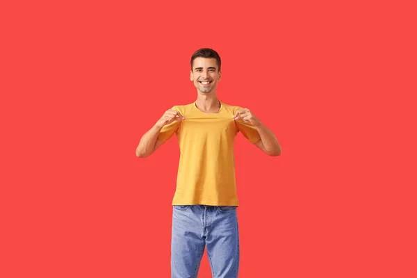 Handsome Young Man Stylish Shirt Color Background — Stock Photo, Image