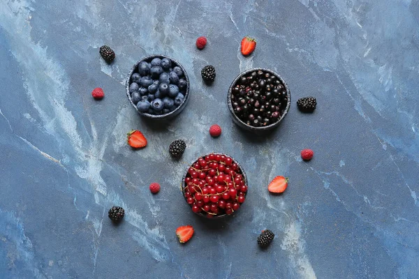 Bowls Different Ripe Berries Color Background — Stock Photo, Image