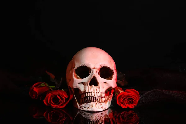 美しい赤いバラと人間の頭蓋骨の暗い背景 — ストック写真