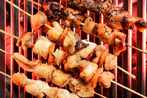 Tasty Chicken Skewers Cooking Grill — Stock Photo, Image