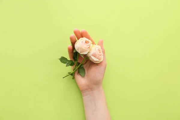 Main Féminine Avec Des Fleurs Sur Fond Couleur — Photo