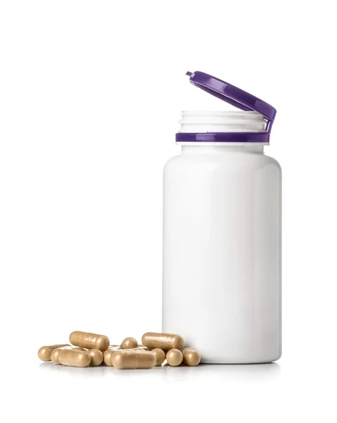 Flaska Med Vitamin Piller Vit Bakgrund — Stockfoto
