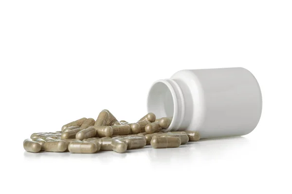 Garrafa Com Pílulas Vitamina Fundo Branco — Fotografia de Stock