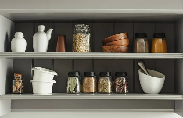 Jars Different Spices Kitchen Utensils Shelves — Stock Photo, Image