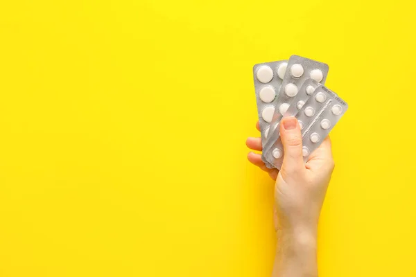 Female Hand Pills Color Background Closeup — Stock Photo, Image
