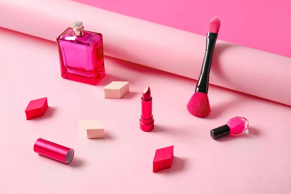 Composition Cosmetics Brush Makeup Sponges Color Background — Stock Photo, Image