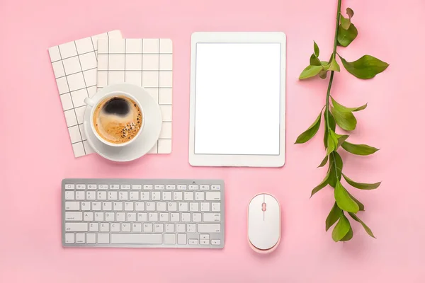 Composition Cup Coffee Tablet Computer Keyboard Notebooks Pink Background — Stock Photo, Image