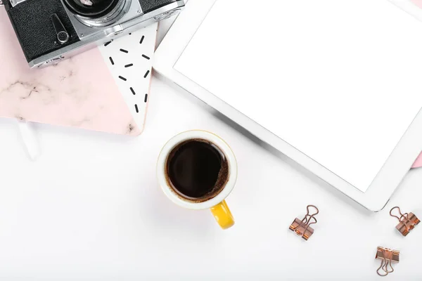 Composition Cup Coffee Tablet Computer White Background — Stock Photo, Image