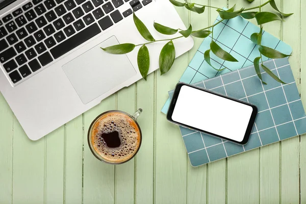 Composition Cup Coffee Laptop Mobile Phone Notebook Green Wooden Background — Stock Photo, Image