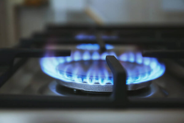 Gas burner with blue flame on domestic stove, closeup