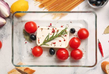 Açık arkaplanda beyaz peynirli, zeytinli ve domatesli fırın tabağı.