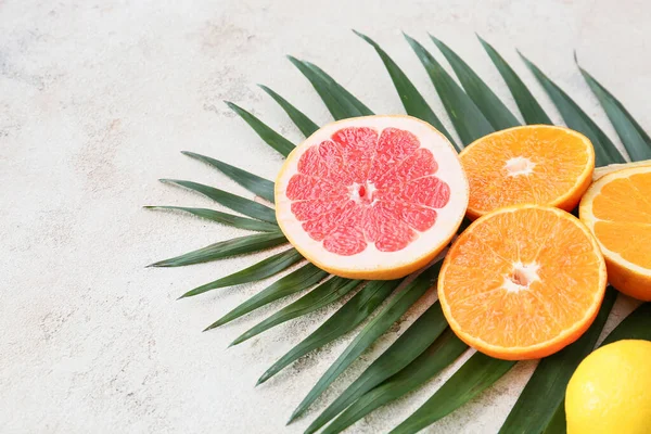Composition Different Citrus Fruits Palm Leaf Light Background Closeup — Stock Photo, Image