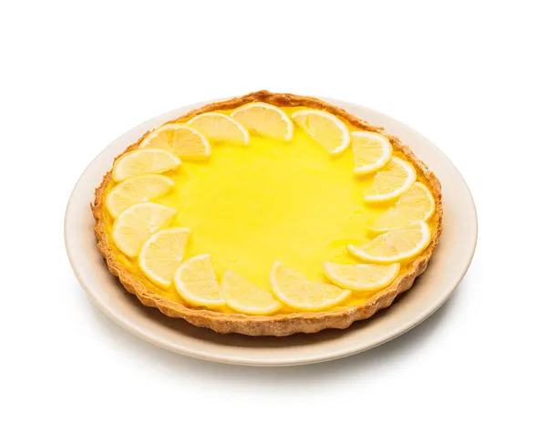 Plate Tasty Lemon Pie White Background — Stock Photo, Image