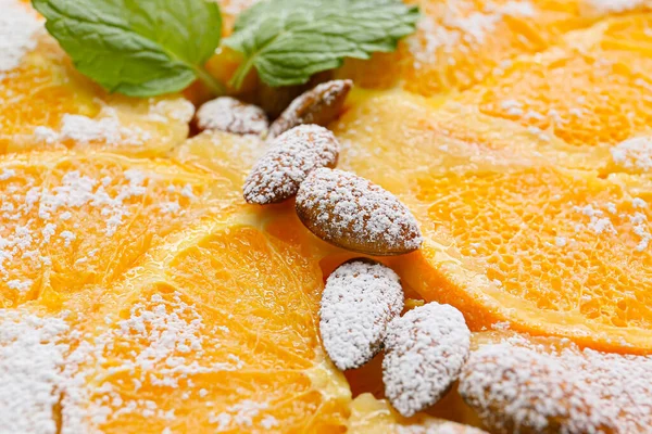Tasty Orange Pie Sugar Powder Closeup — Stock Photo, Image