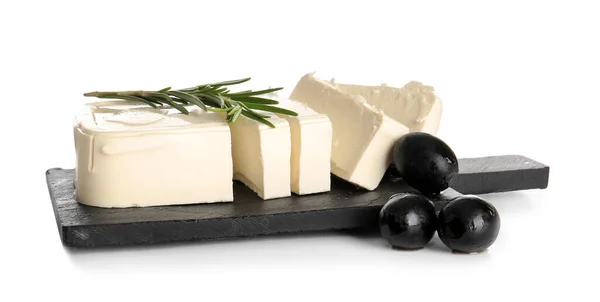 Board Cut Feta Cheese Rosemary Olives White Background — Stock Photo, Image