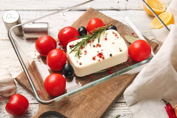 Baking Dish Feta Cheese Olives Tomatoes Light Wooden Background — Stock Photo, Image