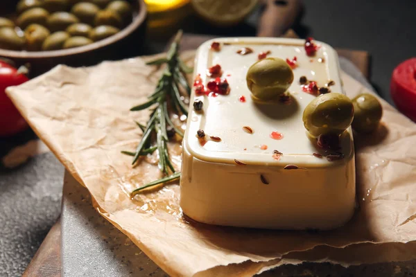 Board Feta Cheese Spices Olives Dark Background — Stock Photo, Image