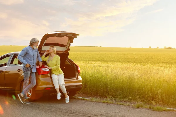 Happy mature couple near car in countryside