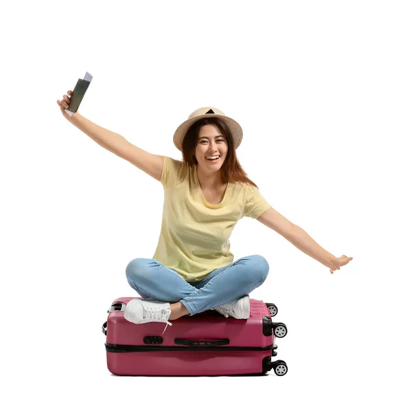 Young Woman Passport Suitcase White Background — Stock Photo, Image