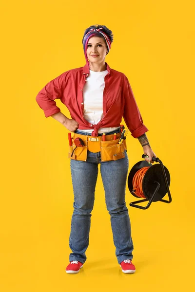 Female Electrician Tools Color Background — Stock Photo, Image