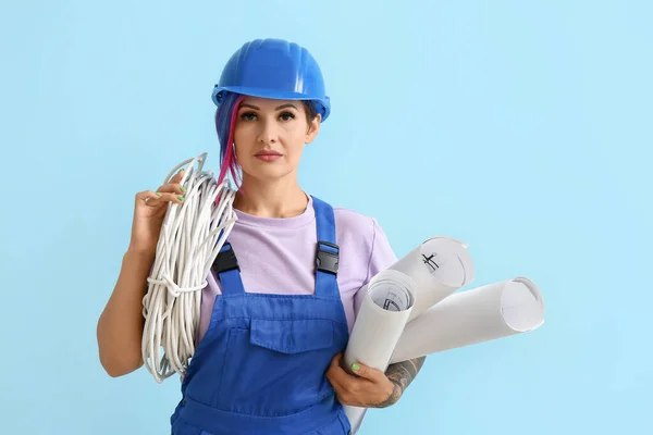 Female Electrician Cables House Plans Color Background — Stock Photo, Image