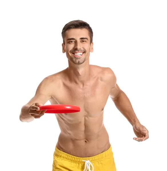 Junger Mann Wirft Frisbee Auf Weißem Hintergrund — Stockfoto