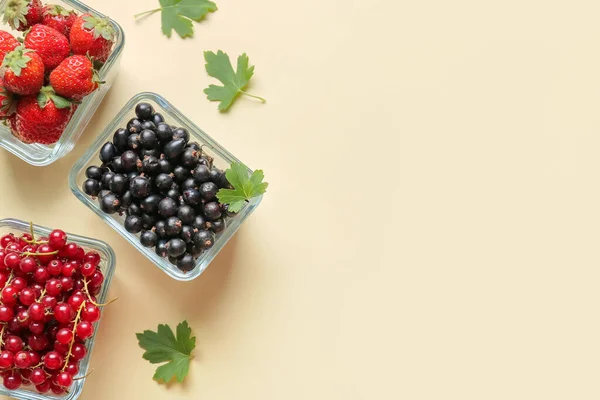 Bowls Different Ripe Berries Color Background — Stock Photo, Image