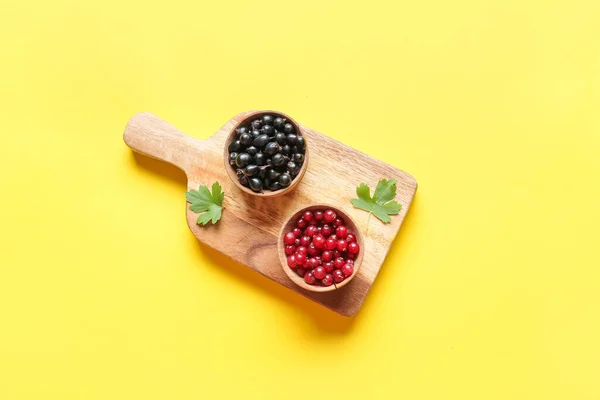 Bowls Ripe Red Black Currant Color Background — Stock Photo, Image