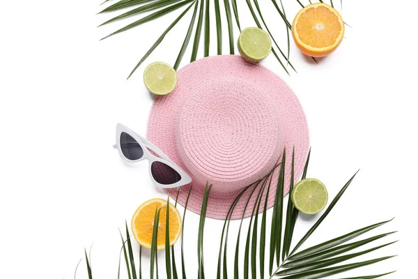 Composition Stylish Hat Sunglasses Fruits Palm Leaves White Background — Stock Photo, Image