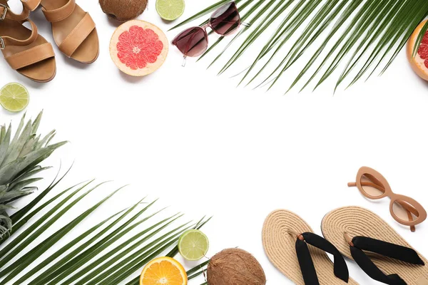 Frame Made Shoes Sunglasses Fruits Palm Leaves White Background — Stock Photo, Image