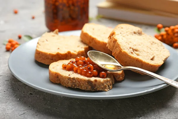 Plate Fresh Bread Rowan Berry Jam Grunge Background — Stock Photo, Image