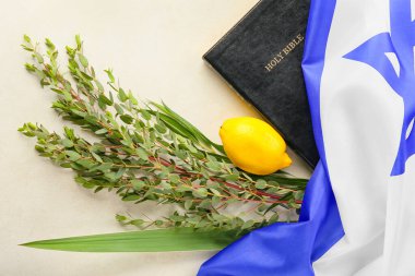 Işık arka planında Sukkot festival simgeleri, İncil ve İsrail bayrağı