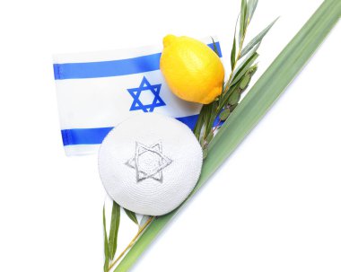 Beyaz arka planda Sukkot festival simgeleri ve İsrail bayrağı