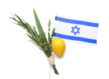 Beyaz arka planda Sukkot festival simgeleri ve İsrail bayrağı