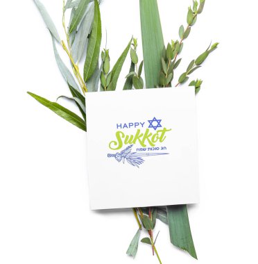 Beyaz arkaplanda Sukkot festival simgeleri ve tebrik kartı
