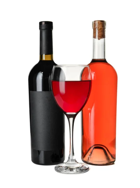 Verre Bouteilles Délicieux Vin Rouge Sur Fond Blanc — Photo