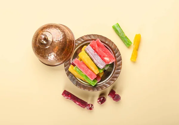 Plate Tasty Turkish Delight Color Background — Stock Photo, Image