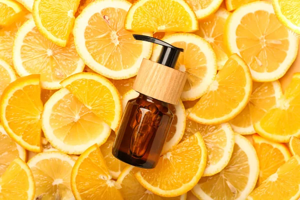 Bottle Cosmetic Product Citrus Fruits Background — Stock Photo, Image