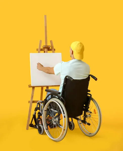 Young Male Artist Wheelchair Painting Picture Color Background — Stock Photo, Image