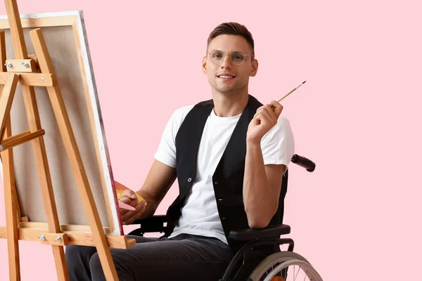 Young Male Artist Wheelchair Painting Picture Color Background — Stock Photo, Image