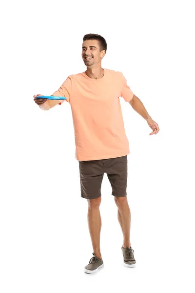 Junger Mann Wirft Frisbee Auf Weißem Hintergrund — Stockfoto
