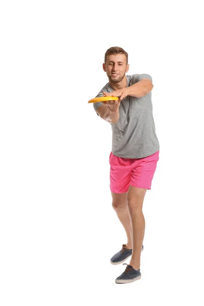 Hezký Mladý Muž Házení Frisbee Bílém Pozadí — Stock fotografie