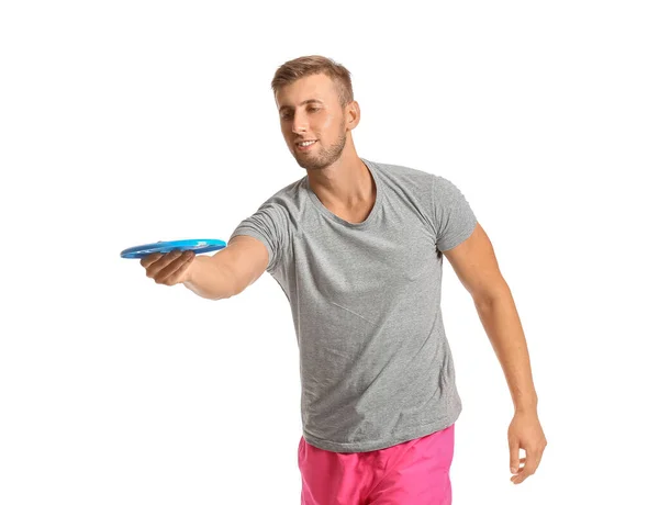 Knappe Jongeman Gooien Frisbee Witte Achtergrond — Stockfoto