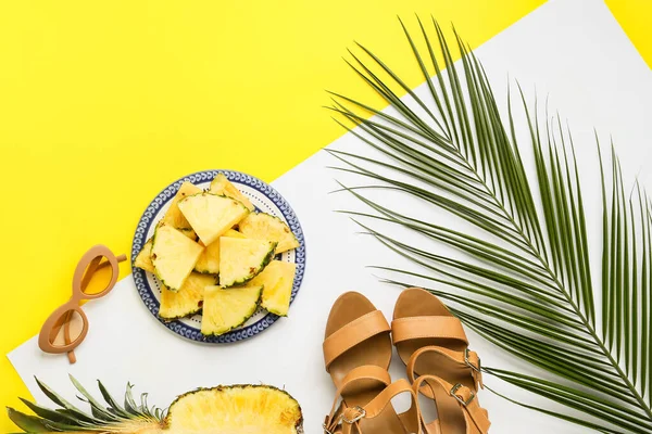 Composition Stylish Shoes Sunglasses Ripe Pineapple Color Background Closeup — Stock Photo, Image