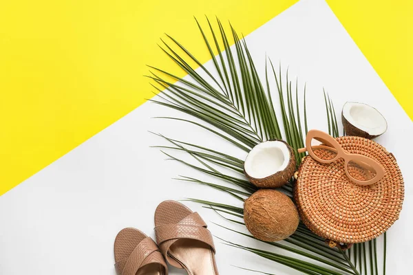 Kadın aksesuarları, olgun hindistan cevizleri ve renk arka planında palmiye yaprağı.