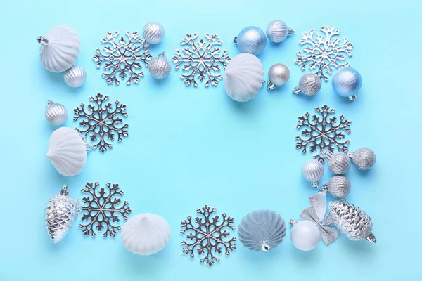 Marco Hecho Hermosa Decoración Navidad Sobre Fondo Azul — Foto de Stock